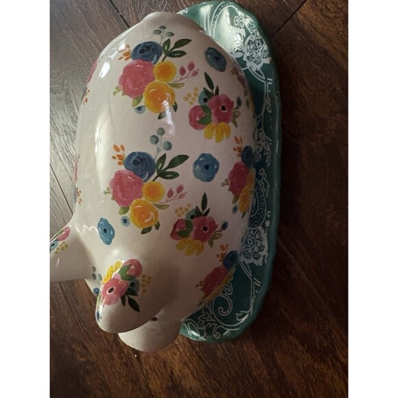 Pig Butter Dish Ceramic Floral Pig Covered Butter Dish Paisley and Flowers - Picture 3 of 6